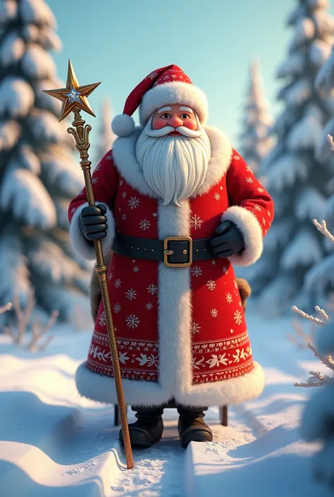  High resolution,  illustration, 8K rendering, 3D rendering, Santa Claus,  in a red patterned fur coat long with long sleeves, white long beard, red hat , gold patterns,  crystal staff with a shiny star ,  on a sleigh through the frosty winter forest ,  su...