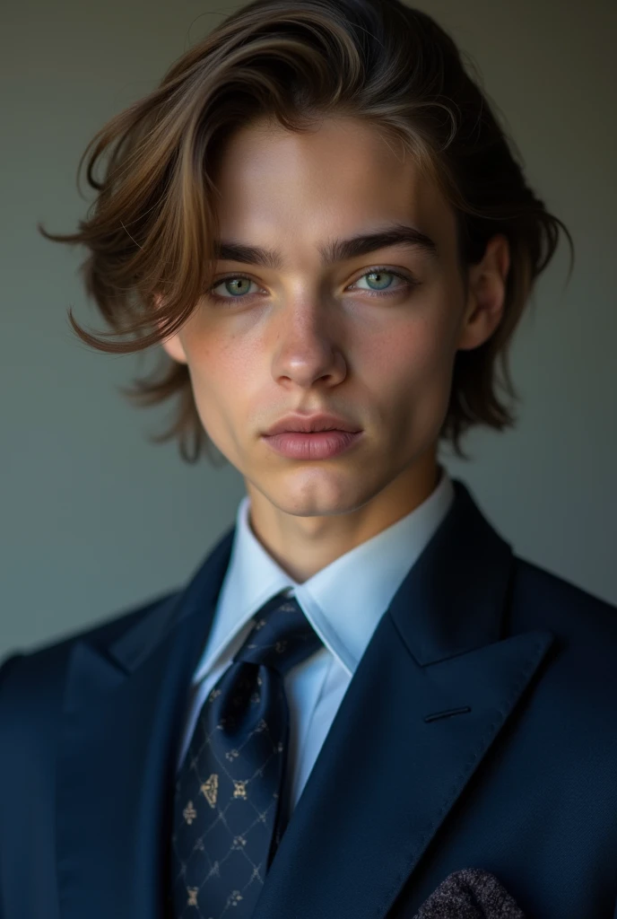 Beautiful European boy teenage model Age  Skin color white hair for both sides Luxury blue suit Tie