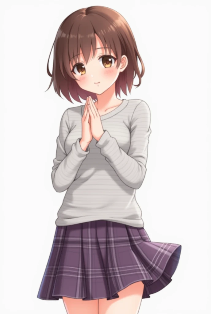  A femboy with short brown hair and brown eyes looking forward with a blushed face,  clasping both hands at waist level ,  has a long sleeve t-shirt in stripes with pale gray , and a purple plaid skirt with gray 