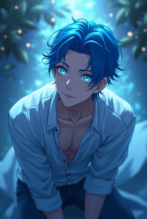 a guy with  blue hair, his hair are slicked back, he is smiling gently, blue hair and long narrow phoenix eyes is sitting and looking up at you,