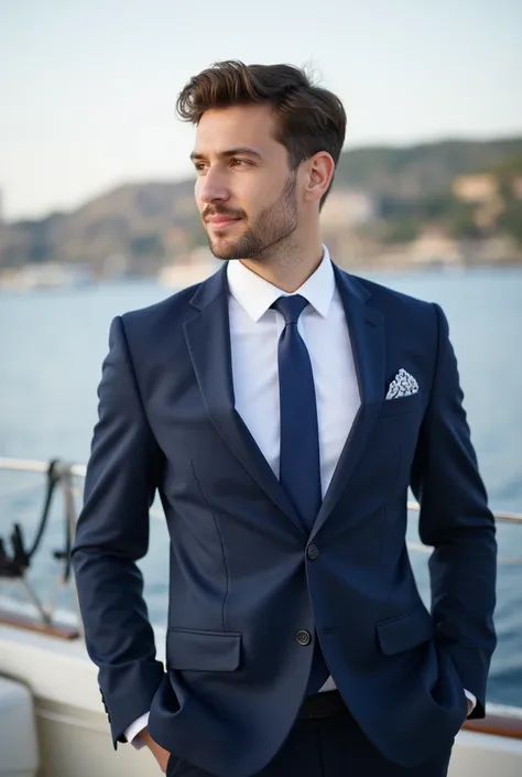 Young white male photo, professional photo, suit, bokeh, suit attire, professional attire, upper body composition, close-ups，Standing on a yacht，casual wear