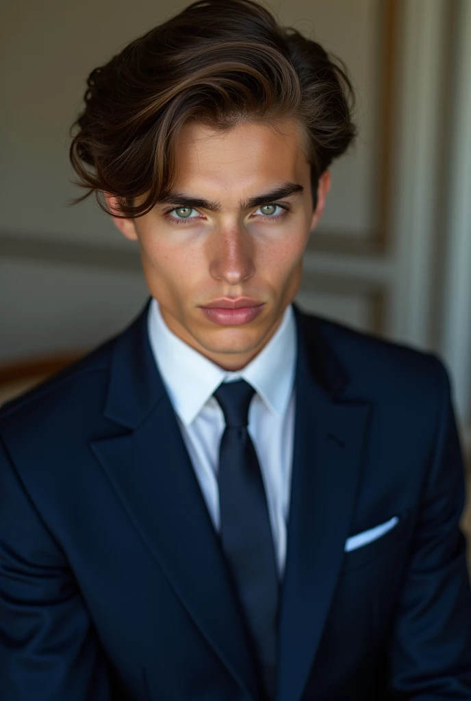 Beautiful European boy teenage model Age  Skin color white hair for both sides Luxury blue suit Tie