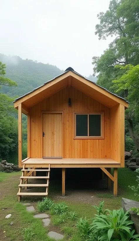 "A simple, sturdy wooden house raised 1 meter above the ground. The house has a single room with a spacious front porch (norcharn), designed in a traditional yet minimalist style. The roof is a gable shape, made of lightweight metal or tiles. The walls are...