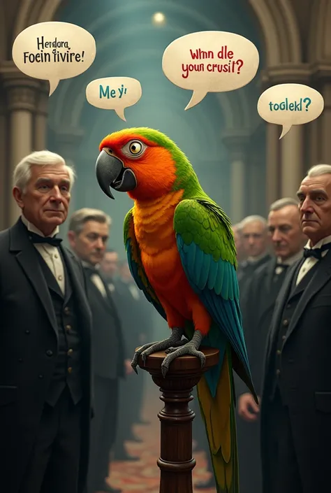  A humorous scene at a 19th-century funeral with somber guests dressed in black, and a vibrant parrot perched on a stand, squawking loudly. The parrot has an animated, mischievous expression, with speech bubbles indicating its colorful language.

