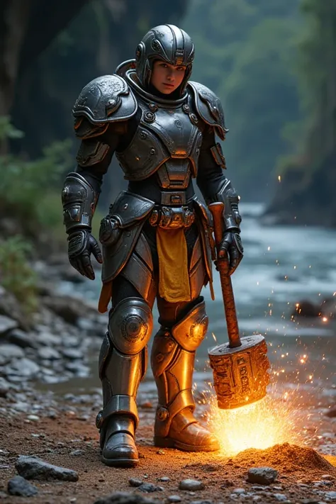 a beautiful, attractive & strong built body dwarven girl, cutie, young looking, having a bulking short hair style, wearing a high technology bulky haevy armor with lot of thinkers gadgets, holding a big hammer hitting the ground, causing a sparking lights ...