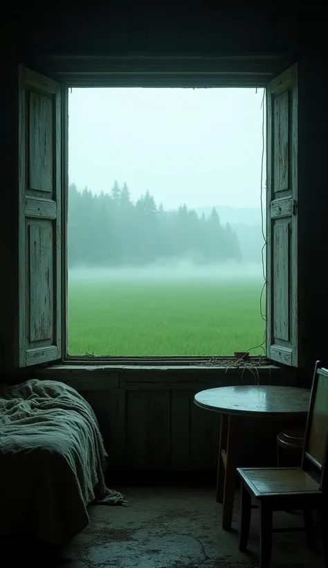 Close-up of the green field scene seen from inside the bedroom through an old wooden window, near the window there are tables and chairs, an old bed, a gloomy scene, with misty fog in the distance, in the distance there is a forest with many hazy trees