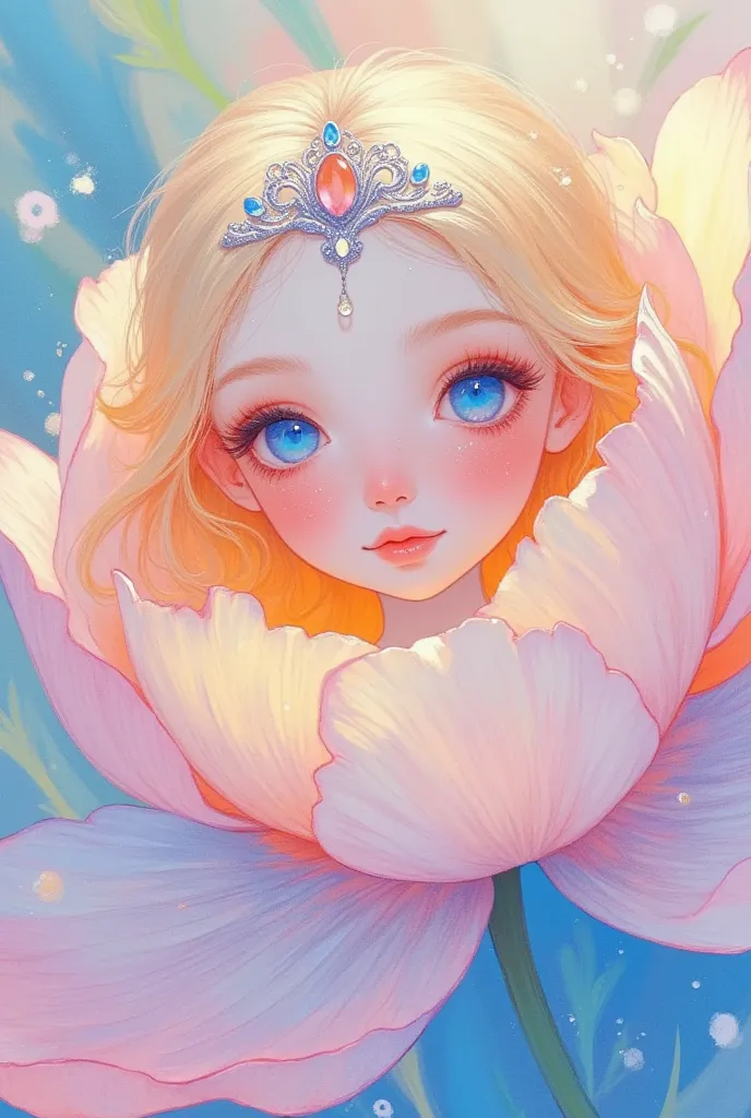 a beautiful butterfly fairy living in a peony, detailed portrait, delicate pastel art, colorful sketch, gorgeous face, large eyes, crown