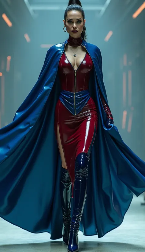 angelina jolie, en action de danser, latex, brillant, futuriste, chemise t-shirt latex marron rouge foncé, col roulé latex marron rouge foncé, t-shirt zippé latex marron rouge foncé, cape latex bleu marine, anneaux métaliques coup, corset latex bleu marine...