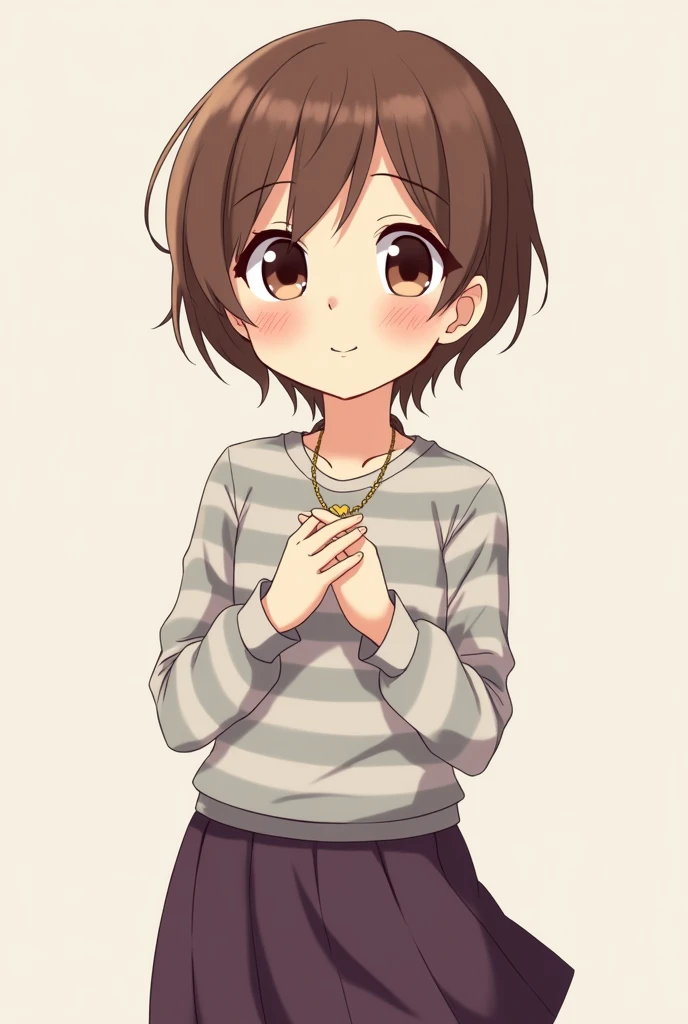  An affectionate boy with short brown hair and brown eyes looking forward with a blushed face,  a necklace with a heart and is clasping both hands together at waist level ,  has a long sleeve t-shirt in stripes with pale gray , and a dark purple skirt 