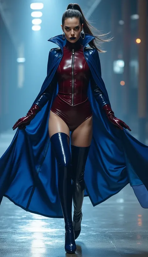 angelina jolie, en action de danser, latex, brillant, futuriste, chemise t-shirt latex marron rouge foncé, col roulé latex marron rouge foncé, t-shirt zippé latex marron rouge foncé, cape latex bleu marine, anneaux métaliques coup, corset latex bleu marine...