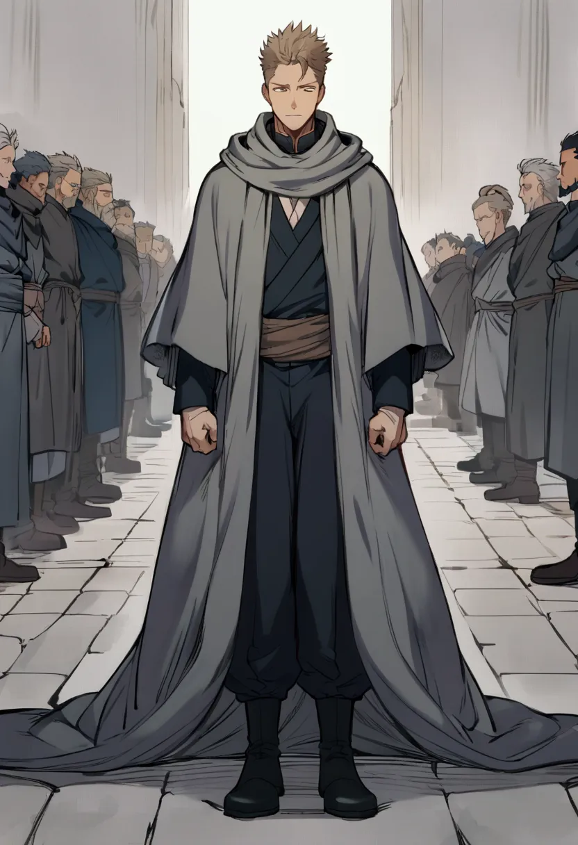 anime male character,light brown hair,barba, light brown eyes, gray cloak, calm face , black pants ,black boot