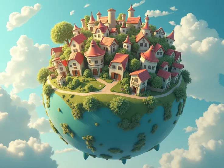 Round shape world and up side can see many small house 