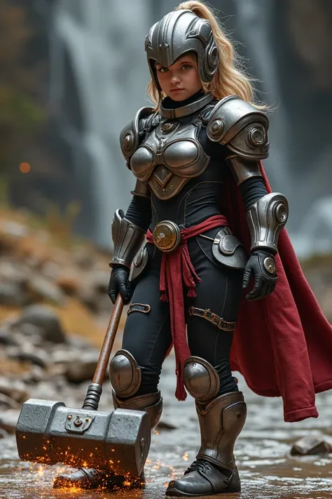 a beautiful, attractive & strong built body dwarven girl, cutie, young looking, having a bulking short hair style, wearing a high technology bulky haevy armor with lot of thinkers gadgets, holding a big hammer hitting the ground, causing a sparking lights ...