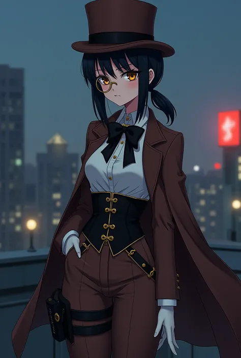 1 anime girl, adult, solo, height is 150 cm, dark black hair, low ponytail rested on shoulder tied with black ribbon, (straight blunt bangs), brown eyes, (golden framed monocle eyeglass), sly smile, shadow, (brown top hat), bow, white shirt, brown blazer, ...