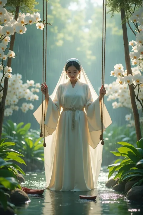 depicts a realistic photo, a Japanese woman wearing a polite abaya, smiling sweetly in front of the camera, taking a rain shower in a white orchid garden, while playing on swings and playing boats, full HD 16K