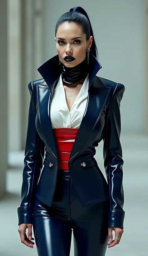 Angelina Jolie dressed in a futuristic latex business latex tuxedo with latex trousers blue navy, corset latex dark red, blacl leaps, poney tail hair navy blue, white latex blouse, over the knee boots stiletto heel. Black lips. Large collier bande latex no...