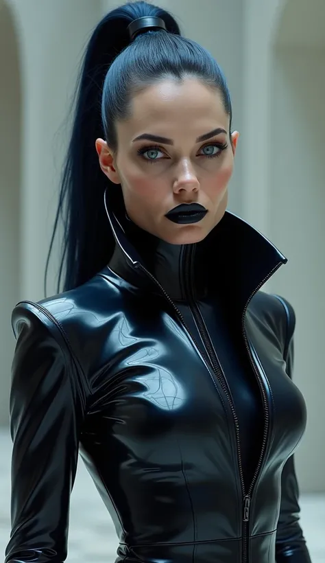 Angelina Jolie dressed in a futuristic latex business latex tuxedo with latex trousers blue navy, corset latex dark red, blacl leaps, poney tail hair navy blue, white latex blouse, over the knee boots stiletto heel. Black lips. Large collier bande latex no...