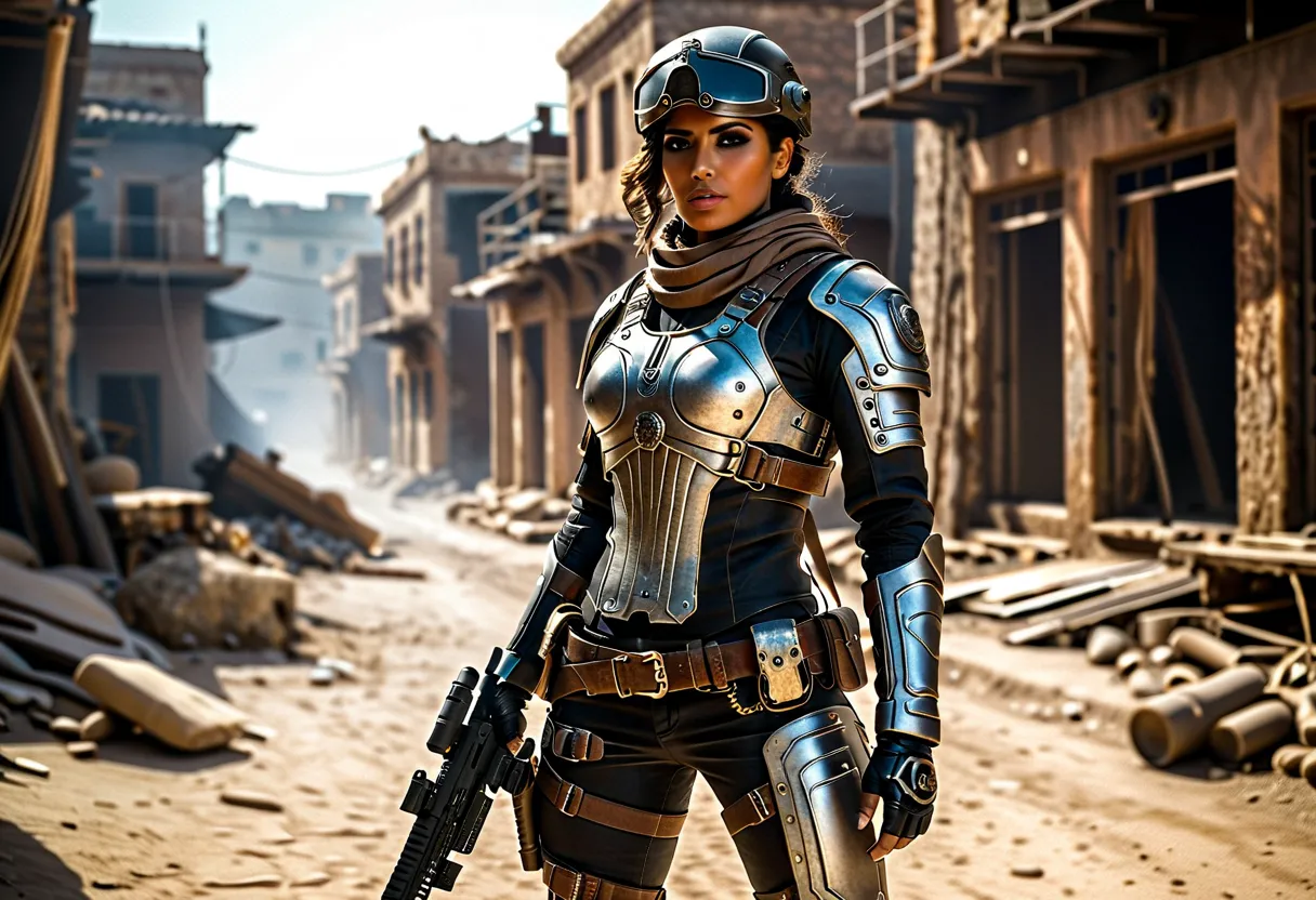 a full-body, highly detailed and photorealistic depiction of a persian female post-apocalyptic warrior. she exudes confidence an...