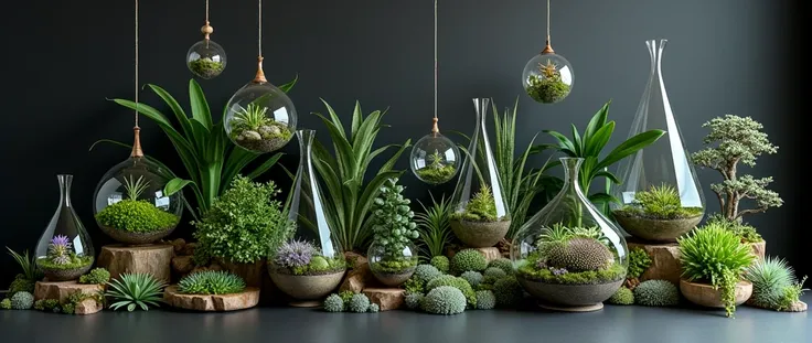   on a black background florariums in the forms of an ecosaedron, dodecahedron , Cuba, pyramids ,  glass teapot ,  hanging florarium ,  florarium in round shape ,  inside succulent florariums, cacti, ficuses ,  dwarf palms , bonsai 