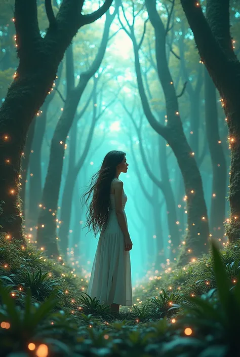 Beautiful girl with long hair standing in a futuristic tree forest