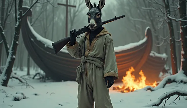 (photorealism:16.9), man with donkey face, standing in snow cove wood ship, Reloading gun, wearing loose off-shoulder top, pajama pants, gun on shoulder, indoors, soft lighting, fire in background, window  Enemies, tension pose, realistic, intricate detail...