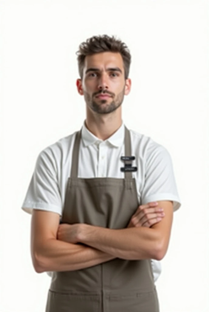 The owner of a supermarket is a young man wearing an apron looking to the left. The background should be white 