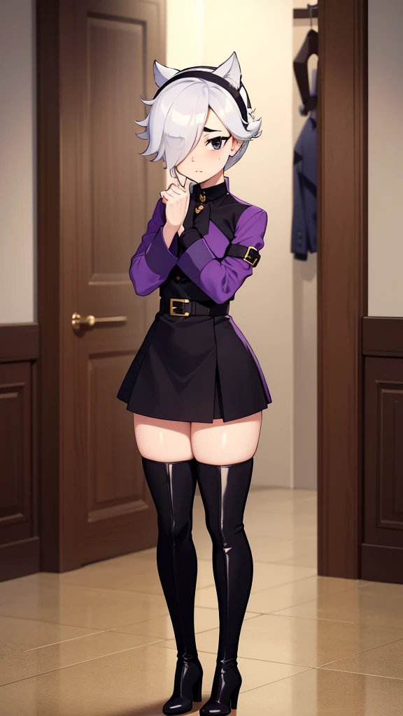 score_9, score_8_up, score_7_up, score_6_up, score_5_up, score_4_up, source_anime , colettetrixie, light skin, blush, black eyes, hair over one eye, hairband, worth, full body, purple shirt, black long skirt, left leg thigh high boots, style mode, right le...