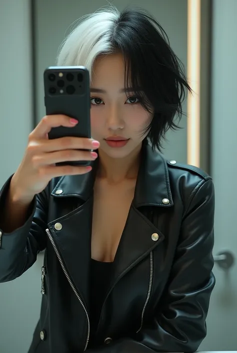 beautiful asian korean  woman with  short black and white  hair, slim and fit body, wearing a leather jacket  taking a selfie in a bathroom, photorealistic, highly detailed,

