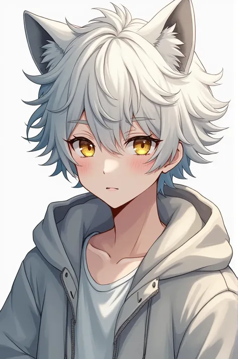 (1:1 frame) human an anime boy with white, Curly hair and white skin (maybe his hair is wolf cut).  Yellow eyes and simple outfit with a loose windbreaker. Around 20 years old and

