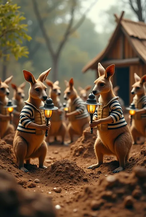 20 anthropomorphic kangaroos dressed as prisoners standing on two legs digging with lamps and beak in the background there are kangaroos building a wooden house just starting out 