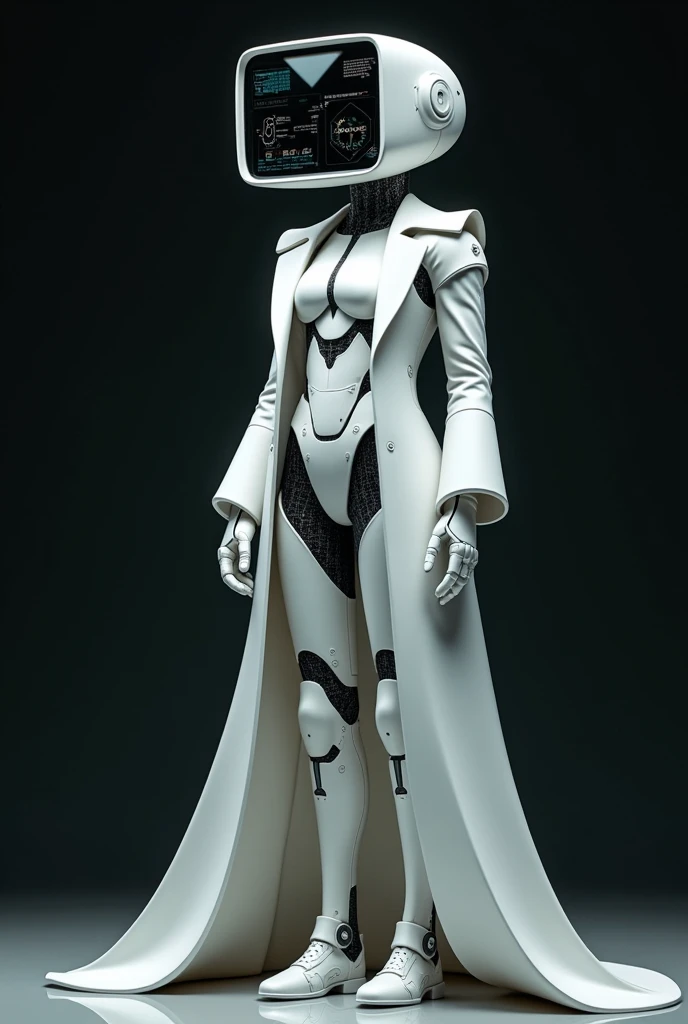 A white robot, that has non binary features. They have a computer monitor for a face and head, so their head is a computer monitor. Make them look very technical. They wear a white trench coat. They are a computer based robot. They are also a hacker. Make ...