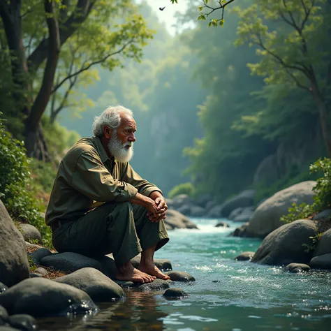 An elderly man with a weathered face sits on a rock near a crystal-clear stream, surrounded by lush greenery and singing birds. Despite the lively scenery, his expression reflects years of silent struggle.