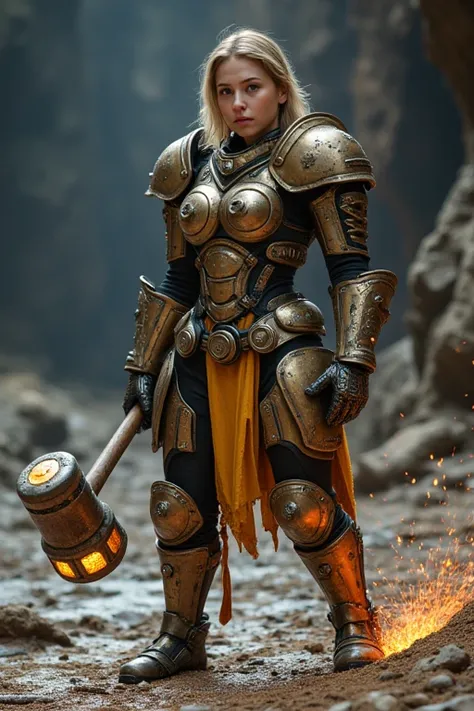 a beautiful, attractive & strong built body dwarven girl, cutie, young looking, having a bulking short hair style, wearing a high technology bulky haevy armor with lot of thinkers gadgets, holding a big hammer hitting the ground, causing a sparking lights ...