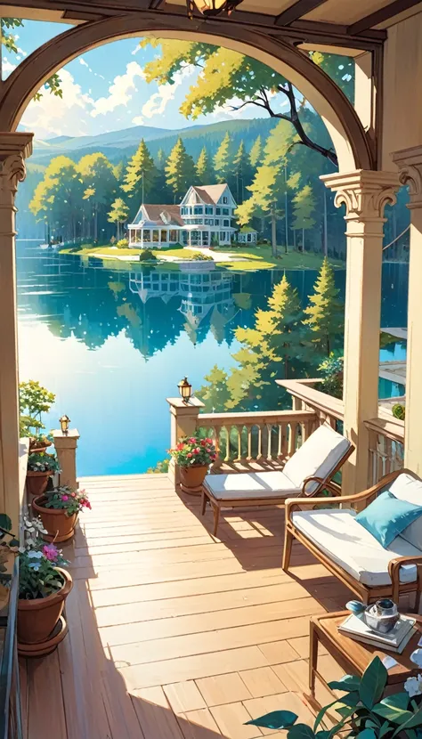 Large bookstores， Lots of details ,  Large open terrace ， View of the beautiful lake and dream house the scenery, On the terrace ，Cat Relax ( Art inspired by Bill Sienkiewicz ). painting)
