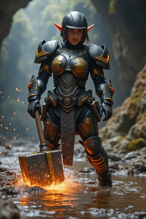 a beautiful, attractive & strong built body dwarven girl, cutie, young looking, having a bulking short hair style, wearing a high technology bulky haevy armor with lot of thinkers gadgets, holding a big hammer hitting the ground, causing a sparking lights ...