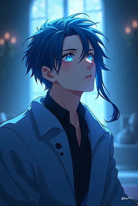 a guy with long blue hair, his hair are slicked back, he is  gently, blue hair and narrow phoenix eyes is sitting and looking up at you, anime style 