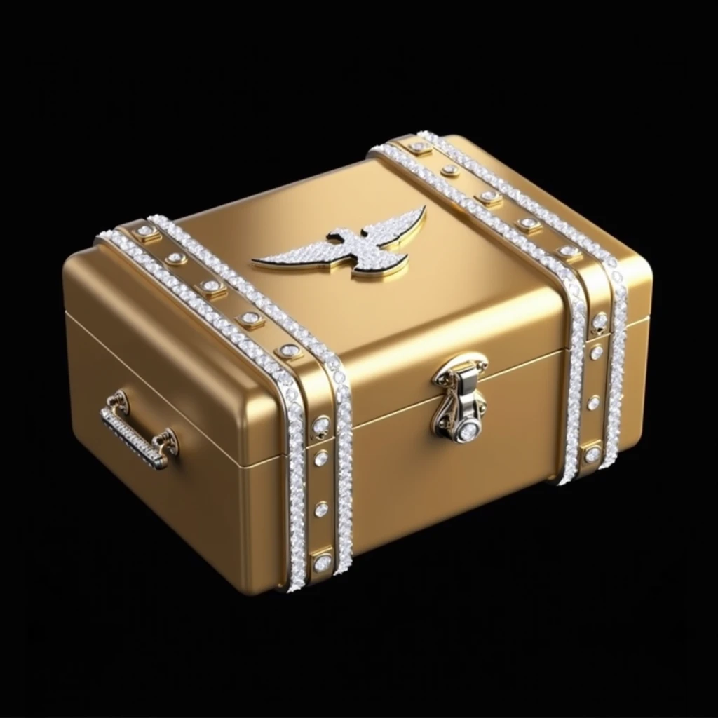 (masterpiece, top quality, best quality, official art,beautiful and aesthetic:1.2), (4K,8k, best quality,masterpiece:1.2),(((white background))), Alone,Game Item Icons，Gold的箱子，Gold，Gold chest，Case made of gold with diamonds on it ，gold handle，There is a me...