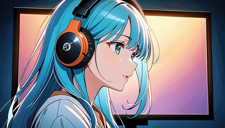 (Beautiful young woman, long blue hair, anime style, singing to screen, wearing large over-ear headphones, soft lighting, detailed, high quality)