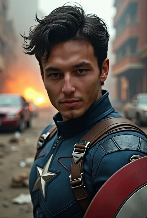 potrait close up a man, black hair. wearing a captain america costume, cool pose, background of destroyed buildings, destroyed cars, fire explosions