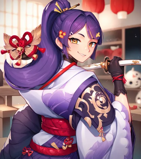 score_9, score_8_up, score_7_up, score_6_up, score_5_up, score_4_up, source_anime, 1girl,raidenshogundef, worth, upper body, purple hair, smile, long hair, hairpins, leather gloves, brown eyes, kimono, stockings, red belt, Katana, room, best quality, best ...