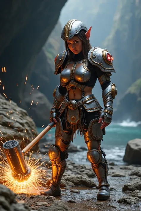 a beautiful, attractive & strong built body dwarven girl, cutie, young looking, having a bulking short hair style, wearing a high technology bulky haevy armor with lot of thinkers gadgets, holding a big hammer hitting the ground, causing a sparking lights ...