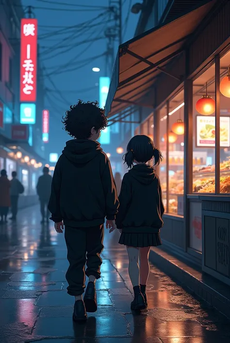  Boy with curly black hair futuristic type in black clothing walking on a street at night looking at a food store, accompanied by a girl with black colleagues in gothic anime style clothing 