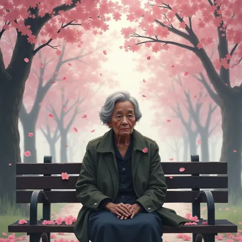 An old woman sits on a park bench beneath cherry blossoms in full bloom. The pink petals gently fall around her, but she remains still, her distant gaze filled with unspoken pain.