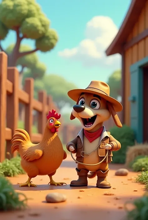 A silly 3D cartoon dog with a tiny cowboy hat, boots, and a lasso, trying to herd a group of mischievous chickens in a vibrant barnyard scene. The dog’s exaggerated expressions add to the humor