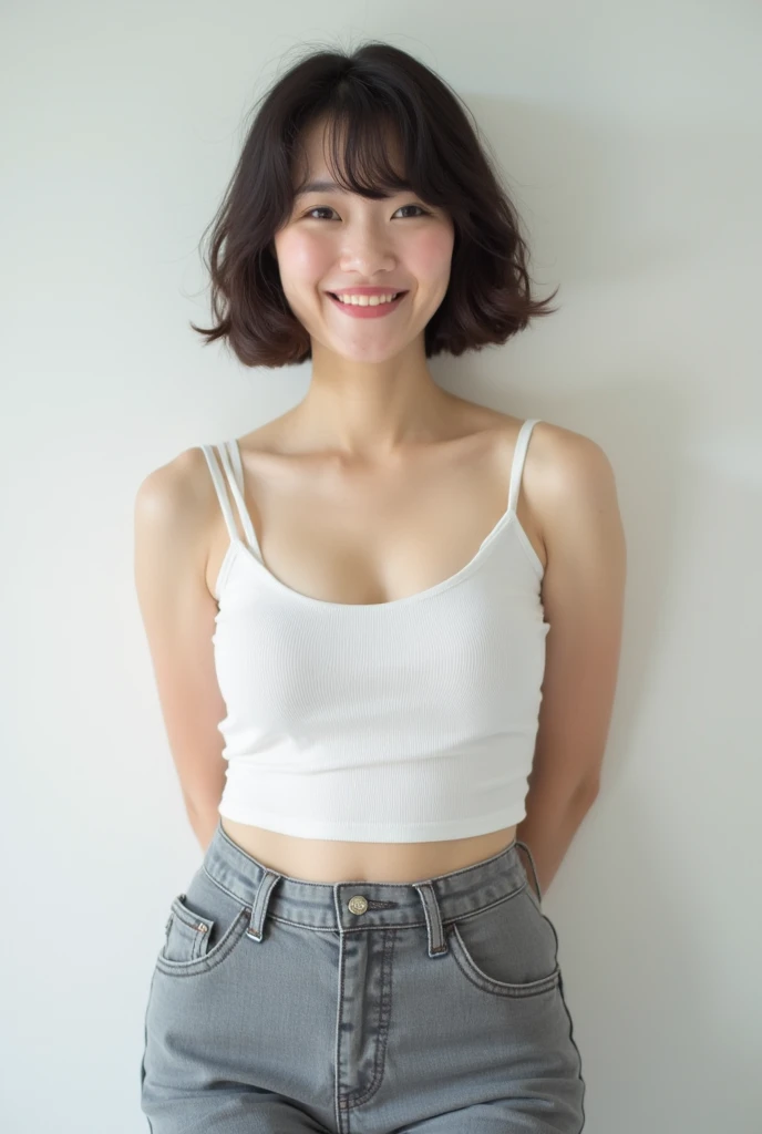 Show me your nipples)) realistic, Sharp focus,  high definition ,  high definition , (( portrait photography, Alone、Japanese, :1.3)),  she is standing 、、Age 40、In front of a white wall、 show your teeth and smile 、Show me your boobs！chubby、Big Breasts、 cute...