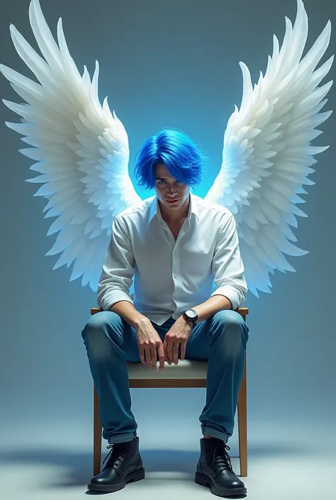 A man is sitting in a chair. His hairs are blue and angle wings are coming out 