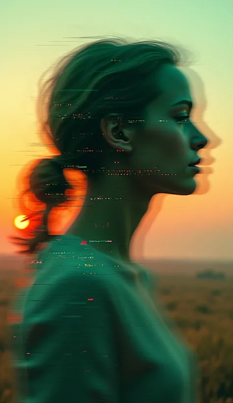 Sunset portrait Dream double exposure portrait thinking motion blur, Glitch FX ASCII art green hues Glitch FX+Chaos; robotic futurism, Photorealistic CGI VFX by Framestore+Weta+Digital+Industrial Light & Magic+DNEG beautiful cinematography