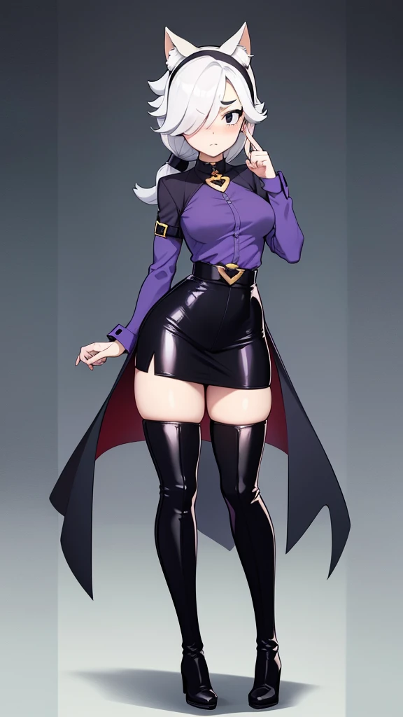 score_9, score_8_up, score_7_up, score_6_up, score_5_up, score_4_up, source_anime , colettetrixie, light skin, blush, black eyes, hair over one eye, hairband, worth, full body, purple shirt, black long skirt, left leg thigh high boots, style mode, right le...