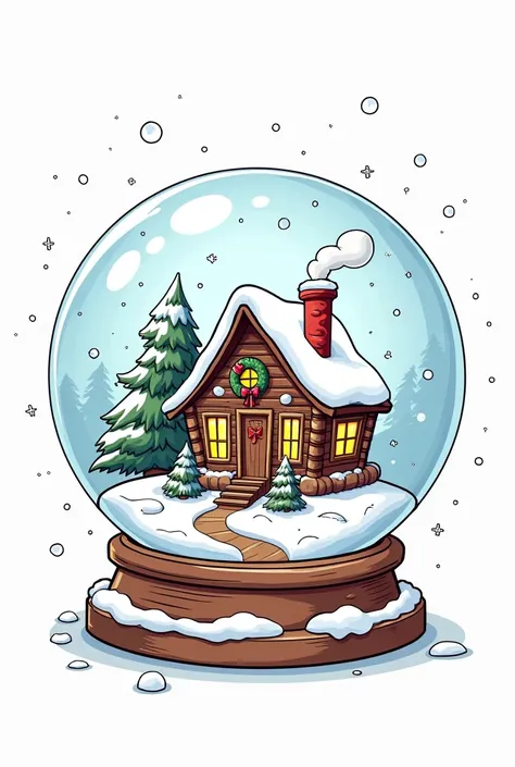 Coloring book page for s, style cartoon, A snow globe with a cozy cabin inside, thick lines, no shadow, 
