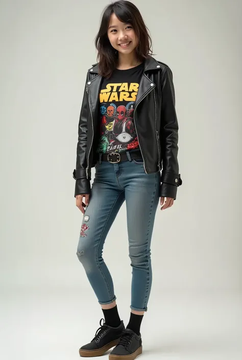 eat Japanese woman、、Ear piercing、Leather jacket、smile、 starwars shirt,, likes Star Wars, marvel and skateboarding, all interests should be inclouded, she should wear something deadpool or Spider-Man themed, a whole body shot with a neutral background 、Skin...